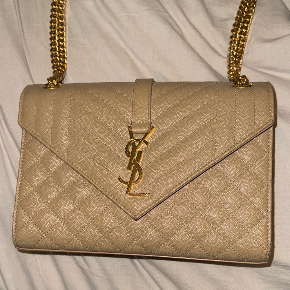 Yves Saint Laurent Tan Quilted Shoulder Bag with Gold Chain